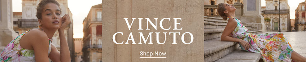 Image of woman in floral dress. Vince Camuto logo. Shop now