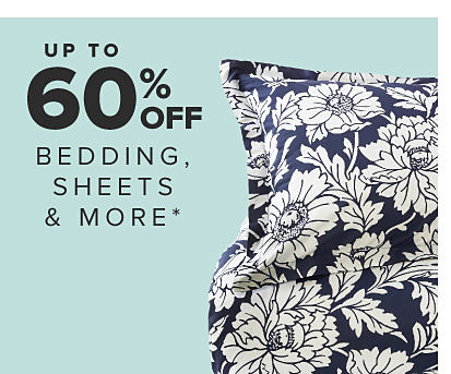 Image of navy blue bedding with white floral pattern. Up to 60% off bedding, sheets and more.