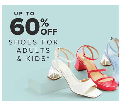 Image of three strappy sandals with block heels. Up to 60% off shoes for adults and kids.
