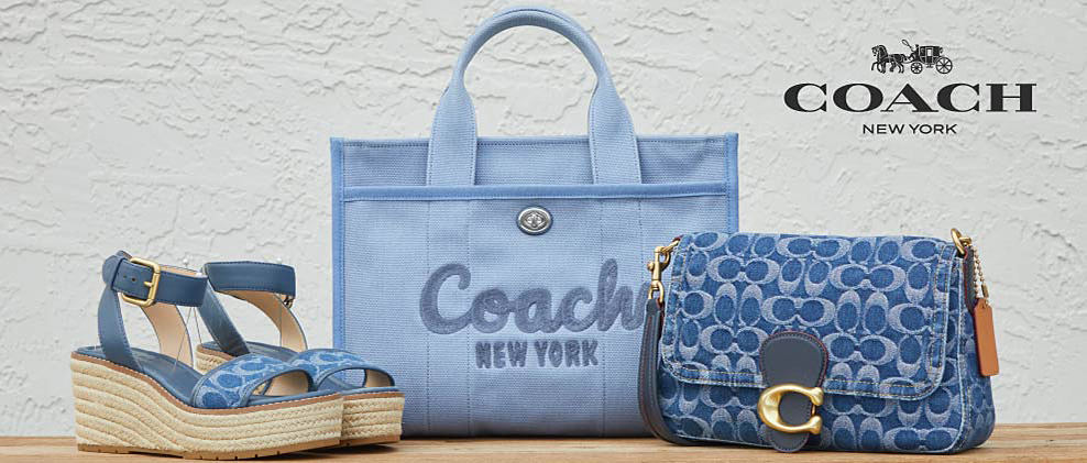 An image featuring two Coach handbags and a pair of Coach sandals. The Coach logo.