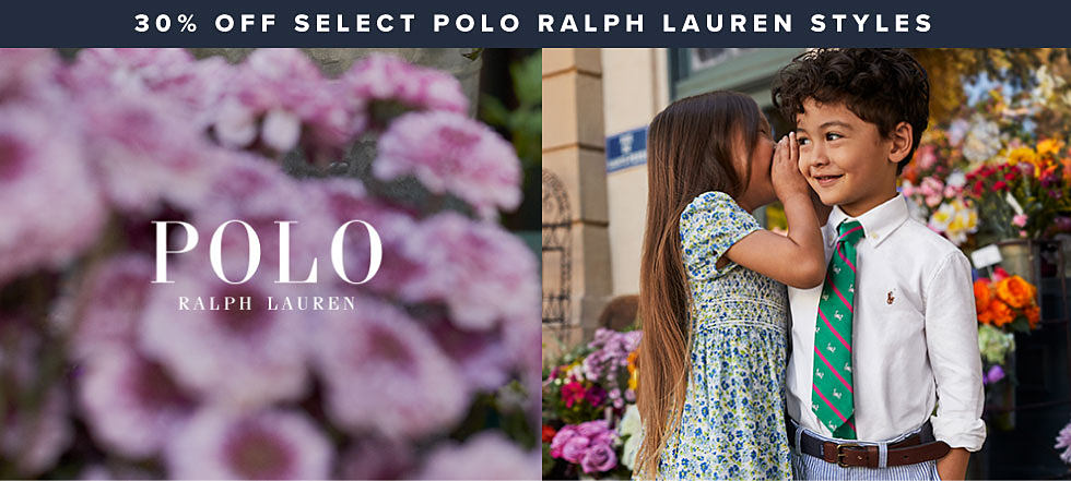 30% off select Polo Ralph Lauren styles. Polo Ralph Lauren. Image of a girl in a blue and green floral dress and a boy in a white shirt with a green and red tie.