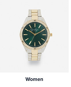 A watch with a silver and gold band and a green face. Shop women's watches.