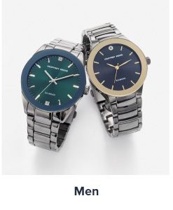 A pair of men's watches with silver bands. One has a green face, and the other a blue face. Shop men's watches.