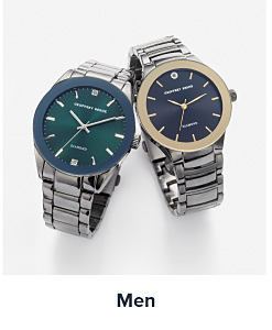 A pair of men's watches with silver bands. One has a green face, and the other a blue face. Shop men's watches.