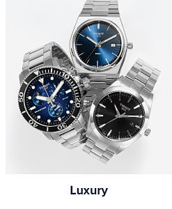 Three high end luxury watches with silver bands. Shop luxury watches.