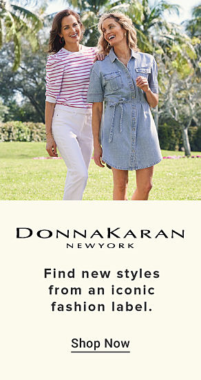 An image of two women wearing Donna Karan apparel. The Donna Karan New York logo. Find new styles from an iconic fashion label. Shop now.