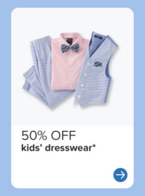A pink dress shirt, blue pants and blue vest. 50% off kids' dresswear.