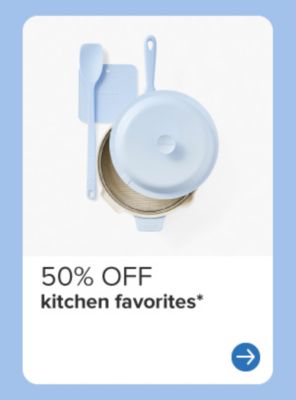 A light blue dutch oven and matching cooking tools. 50% off kitchen favorites.