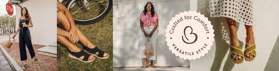 A collage of images featuring a woman in a jumpsuit, a person wearing sandals, a woman wearing a striped top with white pants and comfort shoes and a closeup of someone wearing sandals. Crafted for comfort. Versatile style.