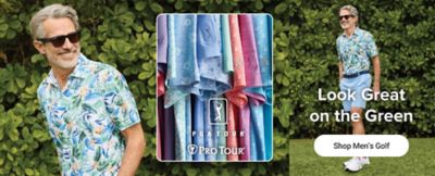 A man in a floral shirt and blue shorts. PGA Tour, Pro Tour, various golf shirts. Look great on the green. Shop men's golf.