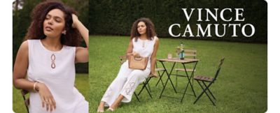 Two images of a woman sitting at a table outside wearing a white Vince Camuto outfit. The Vince Camuto logo.