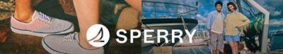 A closeup image of people wearing Sperry sneakers next to another image of people standing by a boat wearing a nice outfit with Sperry sneakers. The Sperry logo. Shop now.