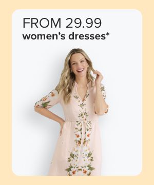 From 29.99 women's dresses. Woman in beige floral embroidered dress. 