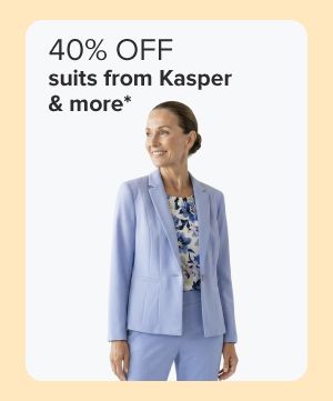 40% off suits from Kasper and more. Woman in light blue blazer and pants with floral top.
