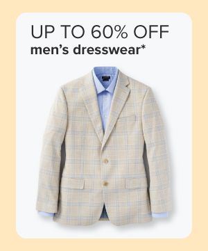 Up to 60% off men's dresswear. Tan checkered blazer with light blue shirt. 