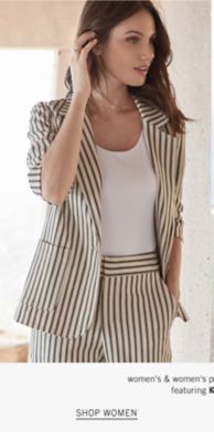 A woman wearing a white & gray vertical striped pant suit & a white top. A woman wearing a short sleeved black & white floral print dress & black gladiator sandals. Up to 25% off women's & women's plus designer fashion featuring Karen Kane. Shop women.