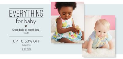 A baby girl wearing a multi colored floral print sleeveless dress. A baby boy wearing a black & white vertical striped short sleeved romper with yellow collar, pocket & trim. Everything for Baby. Great Deals All Month Long. Check back each week for something new. Up to 50% off baby styles. Shop now.