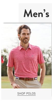 Men's Semi Annual Sale. Up to 40% off polos, shorts, swimwear & denim. A man wearing a pink polo & beige pants. Shop polos.