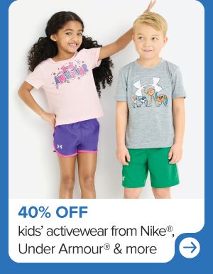 A girl and boy in activewear. 40% off kids' activewear from Nike, Under Armour and more.