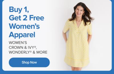 A woman in a yellow dress. Buy one, get two free women's apparel from Crown and Ivy, Wonderly and more.