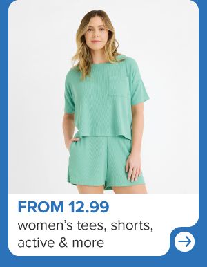 A woman in a green shirt and shorts. From 12.99 women's tees, shorts, active and more.