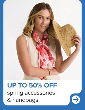 A woman with a pink scarf and sunhat. Up to 50% off spring accessories and handbags.