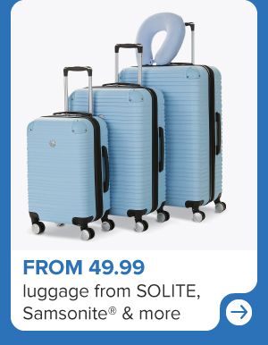 Three light blue rolling suitcases. Up to 75% off luggage from Solite, Samsonite and more.