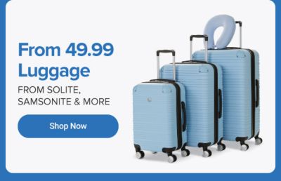 Three light blue rolling suitcases. Up to 75% off luggage from Solite, Samsonite and more.