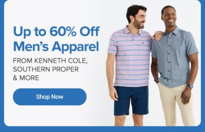 A man in a purple polo and blue shorts. A man in a light blue shirt and khaki shorts. Up to 60% off men's apparel from Kenneth Cole, Southern Proper and more.