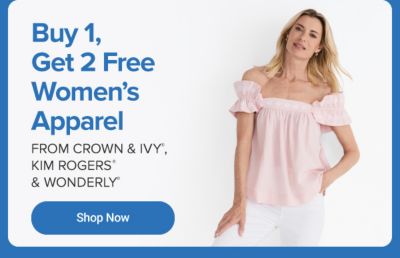 A woman in a light pink shirt. Buy one, get two free women's Crown and Ivy, Kim Rogers and Wonderly.