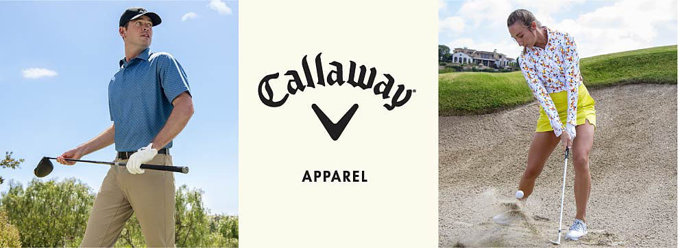 A man in khaki pants, a blue polo and a black hat holding a golf club. Callaway apparel. Shop now. A woman in a colorful long sleeve shirt and yellow skirt.