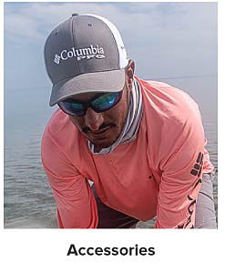 A man in a gray Columbia PFG hat. Shop accessories.