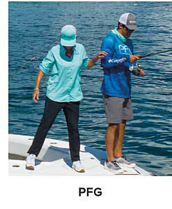  A woman in a ligh blue fishing shirt and matching hat. A man in a blue longsleeve shirt and gray. Shop PFG. 