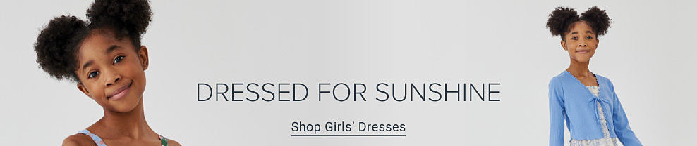 Two images of a girl wearing spring fashion. Dressed for sunshine. Shop girls' dresses. 