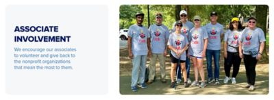 Associate involvement. We encourage our associates to volunteer and give back to the nonprofit organizations that mean the most to them. An image featuring Belk associates wearing matching Belk graphic shirts at a volunteer event.