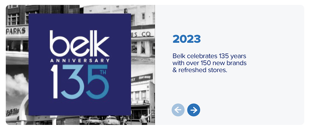 An image featuring a variety of vintage Belk storefronts. Belk 135th anniversary. 2023. Belk celebrates 135 years with over 150 new brands and refreshed stores.
