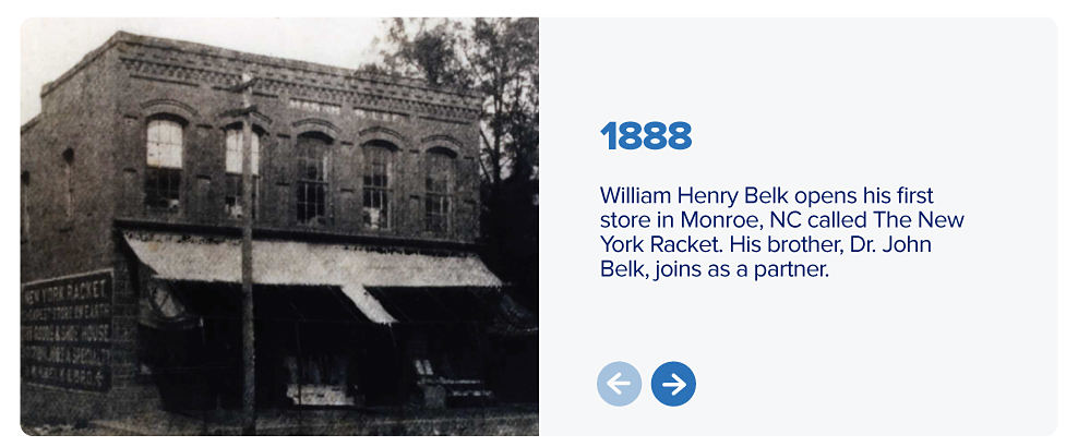 An image of a store front. 1888. William Henry Belk opens his first store in Monroe, NC called the New York Racket. His brother, Dr. John Belk, joins as a partner.