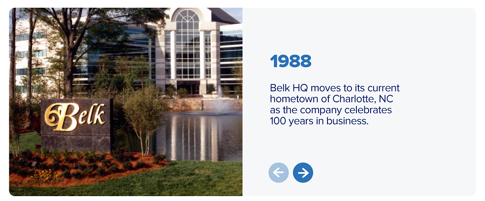 An image of the corporate office. 1988 Belk HQ moves to its current hometown of Charlotte, NC as the company celebrates 100 years in business.