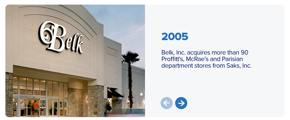 A Belk storefront with palm trees outside. 2005. Belk acquires more than 90 Profitts, McRae's and Parisian department stores from Saks, Inc.