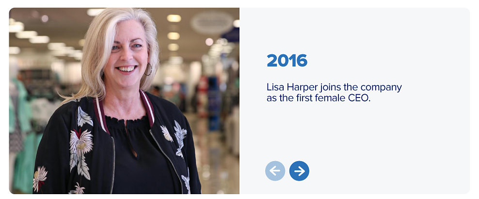 An image of Lisa Harper. 2016. Lisa Harper joins the company as the first female CEO.