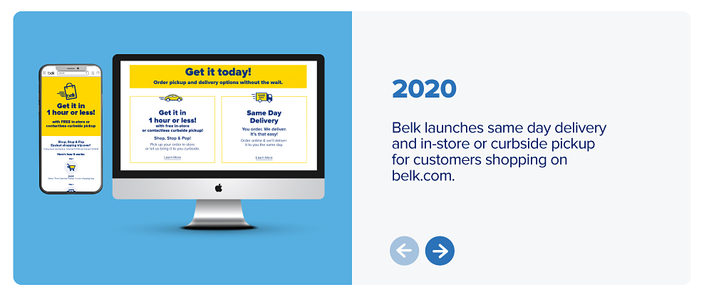 An image of a computer screen featuring free store pick up content. 2020. Belk launches same day delivery and in store or curbside pickup for customers shopping on belk.com.