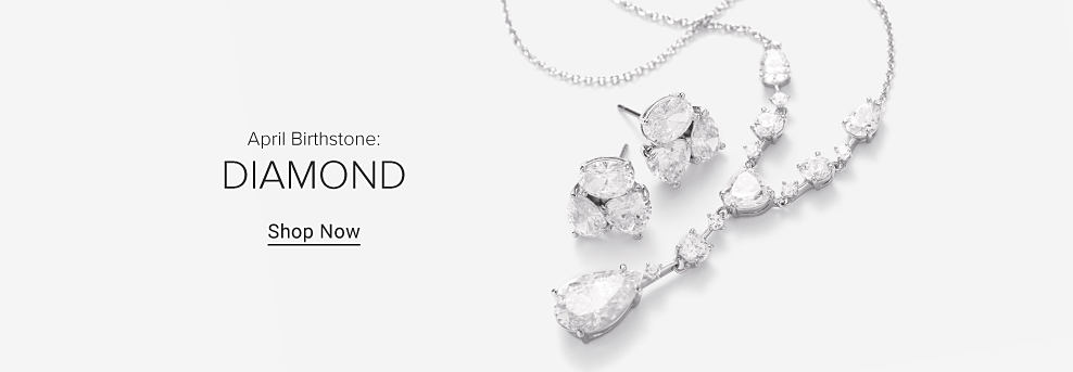 Image of a diamond necklace and diamond earrings. April birthstone. Diamond. Shop now.