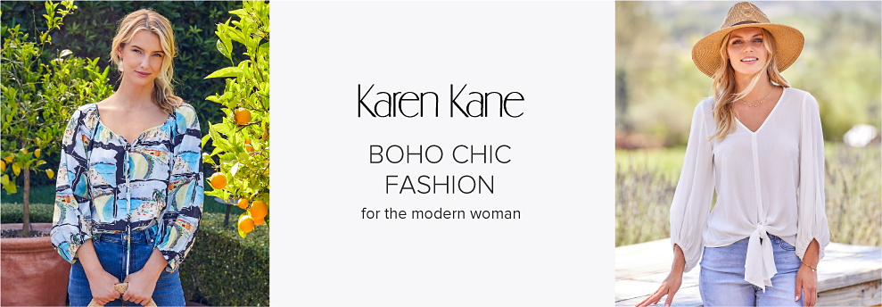 Woman wearing a colorful peasant top paired with jeans. Woman wearing a white blouse and brown hat. Karen Kane. Boho chic fashion for the modern woman.
