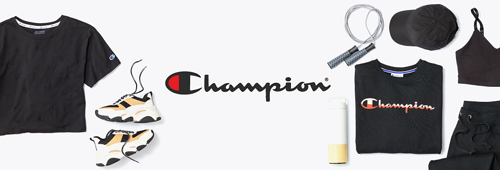 A plain black Champion t-shirt. Yellow, black and white sneakers. Champion logo. A jump rope, water bottle, black baseball cap, black sports bra, black pants, and a black shirt with Champion in orange and white. Shop men. Shop women. Shop kids. Shop fan gear.