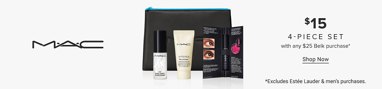 An image of a MAC makeup bag with three MAC products. The MAC logo. $15 4 piece set with any $25 Belk purchase. Shop now. Excludes Estee Lauder and men's purchases.