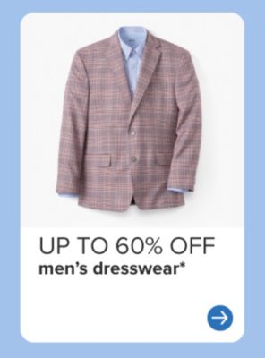 A men's blue dress shirt and brown plaid blazer. Up to 60% off men's dresswear.