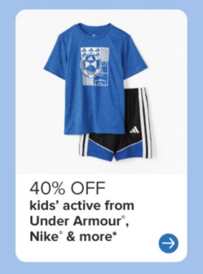 A blue boys' shirt and active shorts from Adidas. 40% off kids' active from Under Armour, Nike and more.