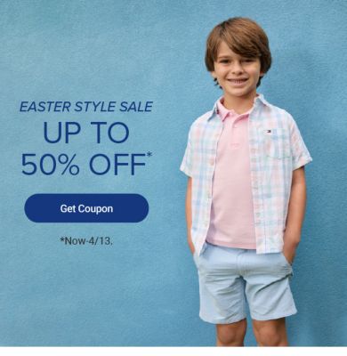 Easter style sale. Up to 50% off. Get coupon. Now to April 13.