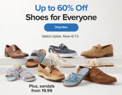 An assortment of men's and women's shoes in browns and blues. Yellowbox, Madden Girl, Crown and Ivy and Naturalizer. Up to 60% off shoes for everyone. Shop now.