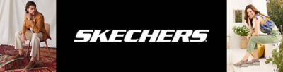 Image of a man wearing brown slip on dress shoes. Image of a woman wearing strappy platform shoes. Skechers logo. 
